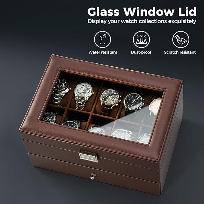 ProCase Watch Box for Men, 12 Slot Mens Watch Case With Drawer, Watch Display Case With Glass Lid, 2-Layer Watch Holder Organizer, Jewelry and Watch Storage for Men Women -20 Slot, Espresso