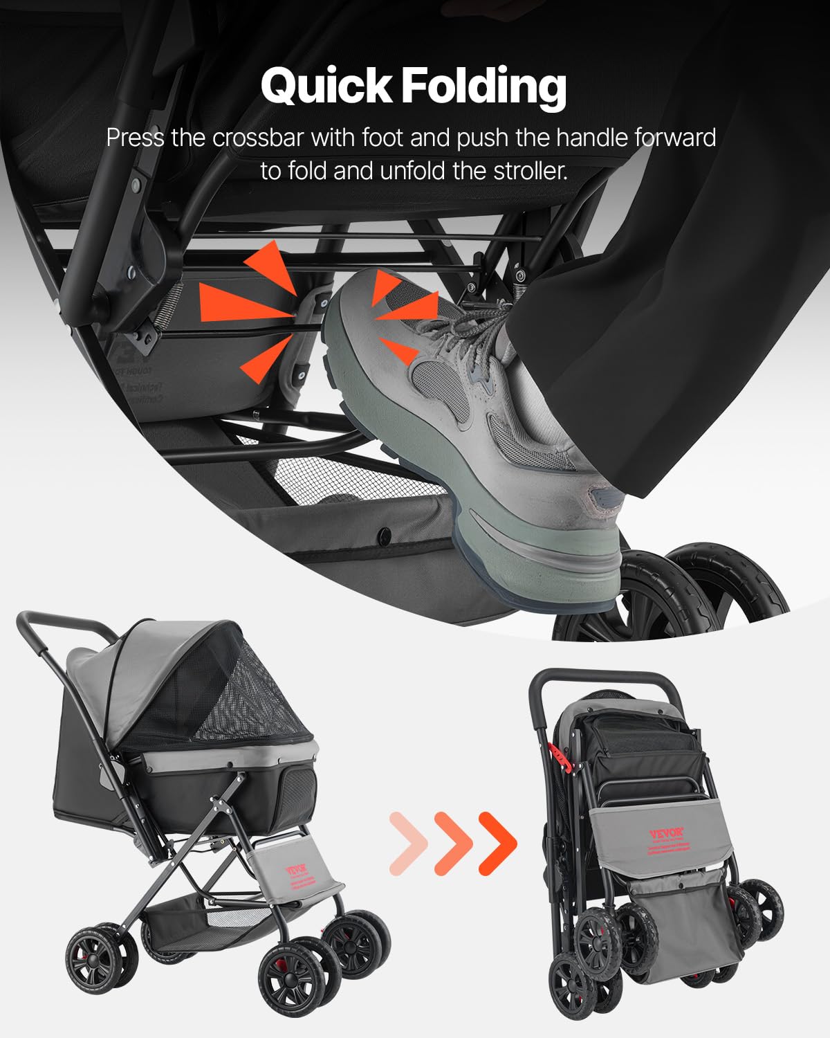 VEVOR Pet Stroller, 44 lbs Weight Capacity, Foldable Dog Cart, 4 Wheels Cats Stroller with Mesh Windows & Revrsible Handle, Portable Pet Carrier with Brake, for Small to Medium Pets