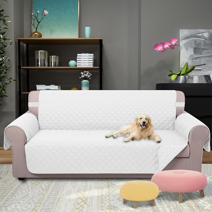 U-NICE HOME Reversible Sofa Cover Couch Cover for Dogs with Elastic Straps Water Resistant Furniture Protector for Pets Couch Cover for 3 Cushion Couch (Sofa, White/White)