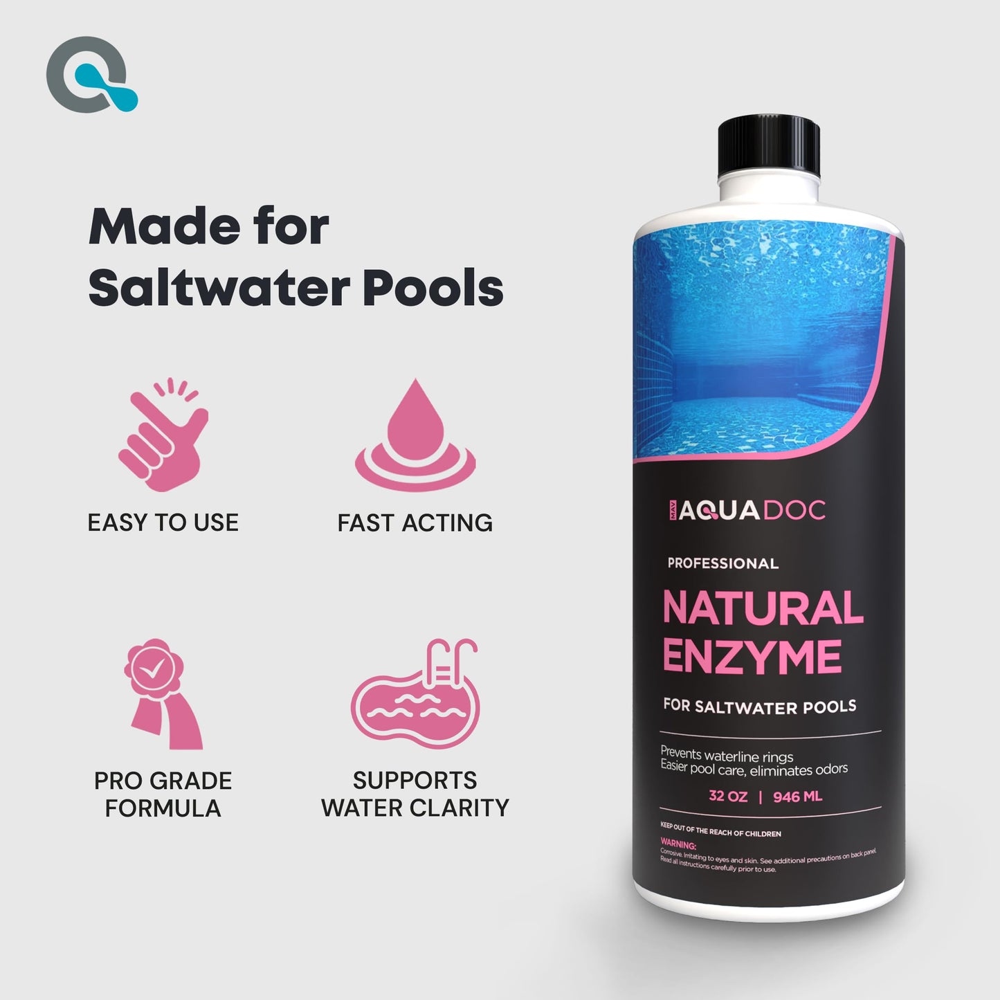 Pool Enzyme Treatment for Saltwater Pools - Pool Enzymes for Waterline Care, Oil Control & Clarity - Made in USA - AquaDoc - 32oz