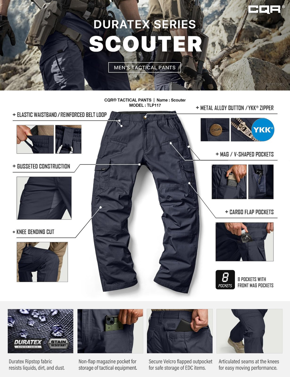 CQR Men's Tactical Pants, Water Resistant Ripstop Cargo Pants, Lightweight EDC Work Hiking Pants, Outdoor Apparel, Raider Police Navy, 38W x 34L
