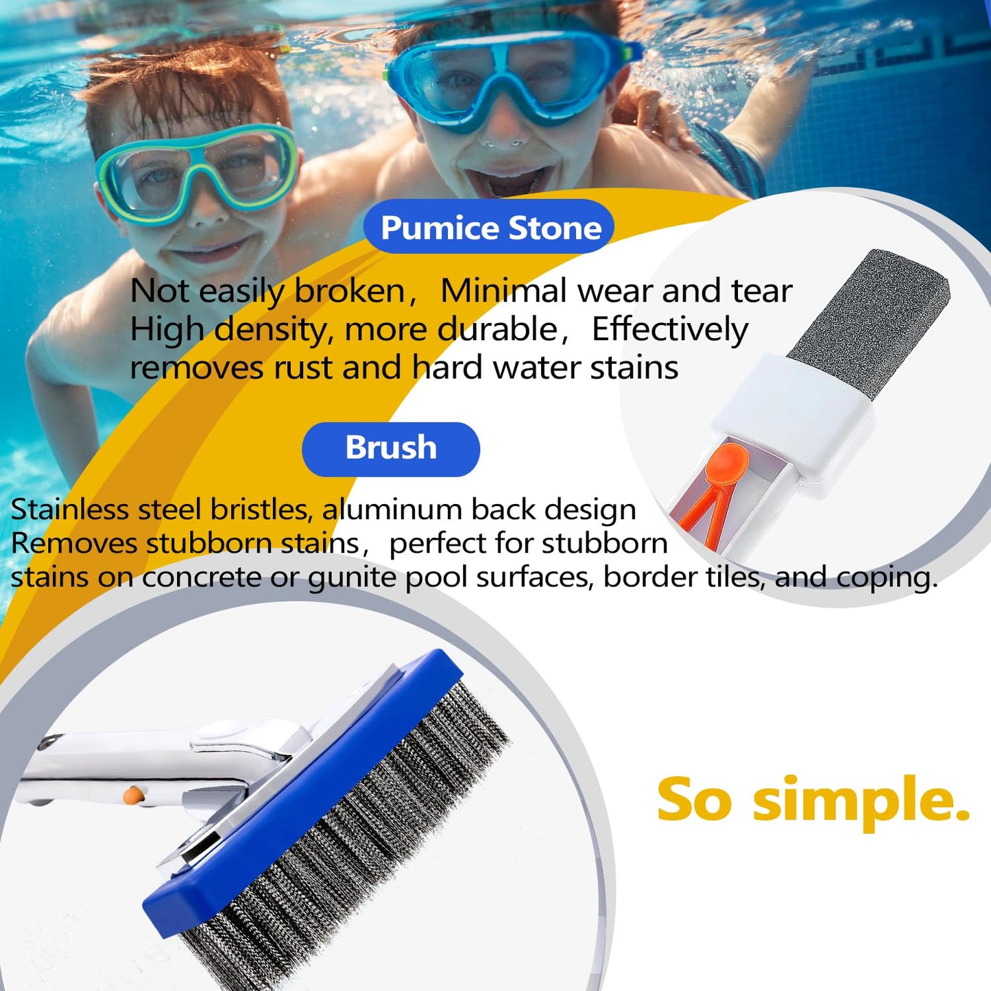 Pool Pumice Stone and 5 inch Stainless Steel Pool Brush Set with EZ-Clip Handle to Reomve Erase Rust Stain Spot in Concrete Plaster Pool Spa and Calcium Deposit on Pool Tile