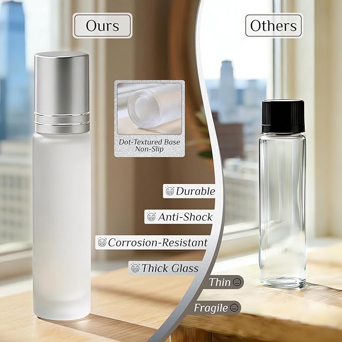 PrettyCare 12 Pack, 10 ml Essential Oil Roller Bottles with Stainless Steel Roller Ball - Refillable Leak-proof Empty Thick Frosted Glass Roll on Bottles with Silver Caps for Travel, Perfume