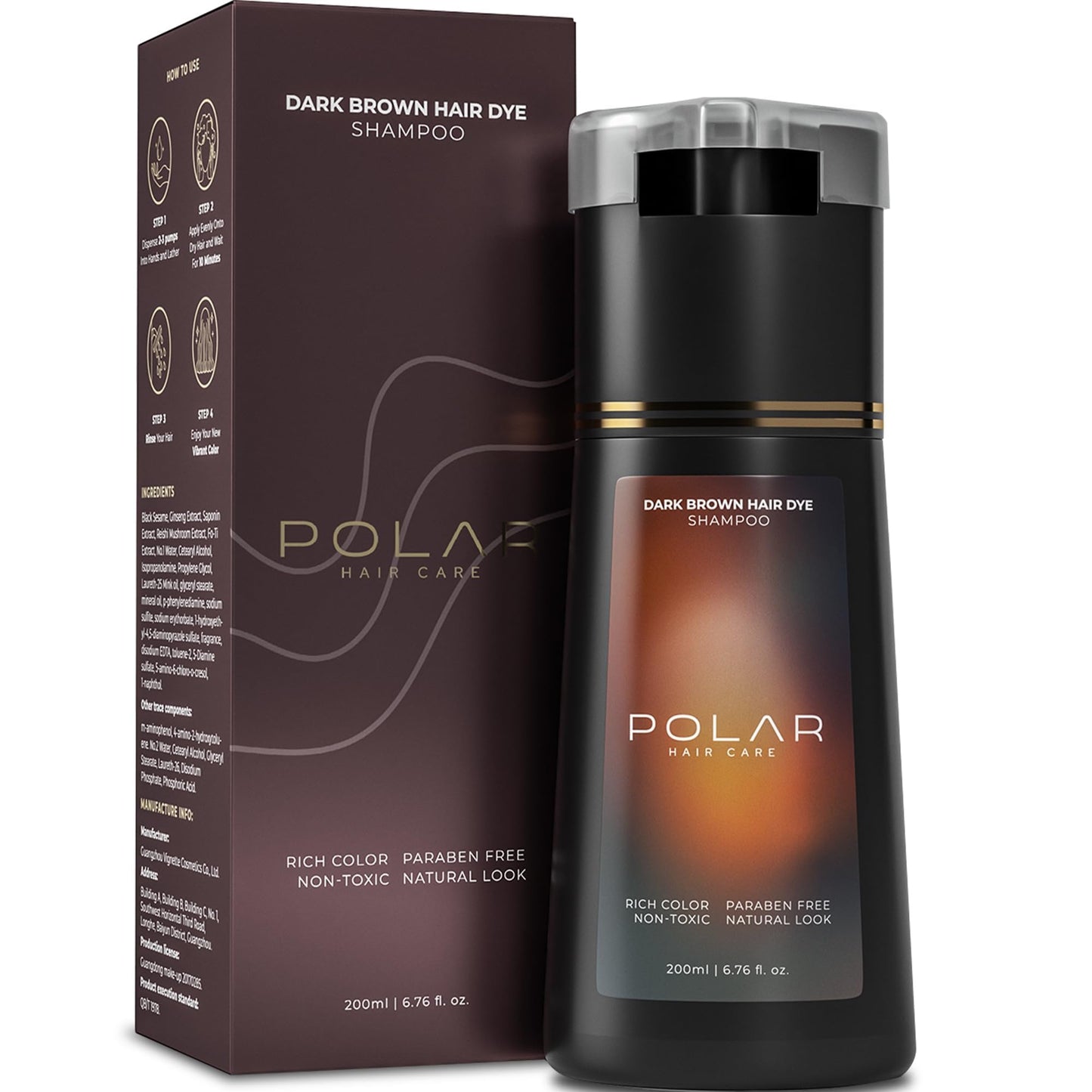 Polar Haircare - Dark Brown Hair Dye Shampoo for Women and Men - Shampoo Hair Dye for Gray Hair, Semi-Permanent Hair Color Kit, Dark Brown Hair Dye Shampoo, Quick Application Skin-Safe 6.76 Fl Oz
