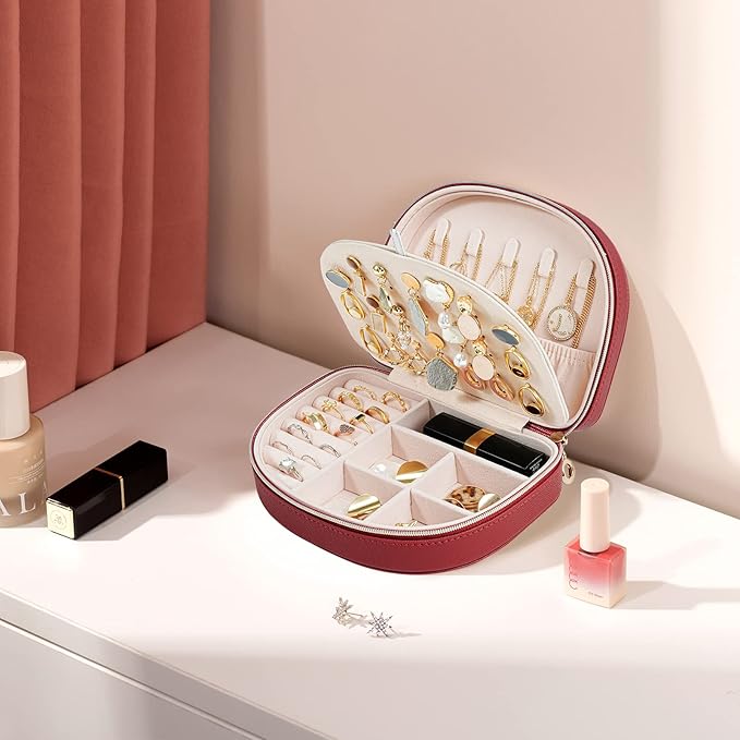 ProCase Travel Size Jewelry Box, Medium Portable Seashell-Shaped Jewelry Case, 2 Layer Jewelry Organizer in PU Leather for Women -Red