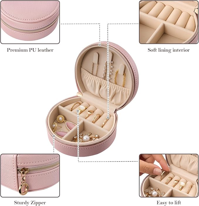 ProCase Travel Size Jewelry Box, Mini Portable Seashell-Shaped Jewelry Case, 2 Layer Organizer in PU Leather for Women -Rose