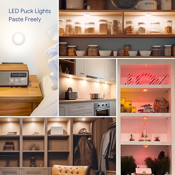 Yiliaw 6 Pack LED Puck Lights Remote Control 16 Color Changeable Under Cabinet Lights, Battery Operated Lights Night Light with Dimmer & Timmer for Closet Bedroom Kitchen, White