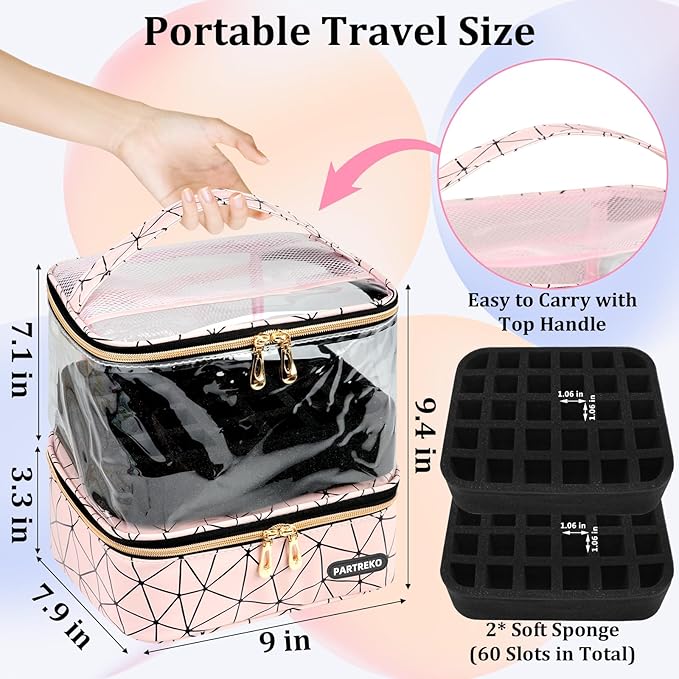 Clear Nail Polish Organizer Holds 60 Bottles (15ml/0.5fl.oz)& Nail Lamp, Double Layer Nail Supplies Organizer Case Transparent, PU Leather Nail kit Storage Bag for Manicure Tools (Pink)