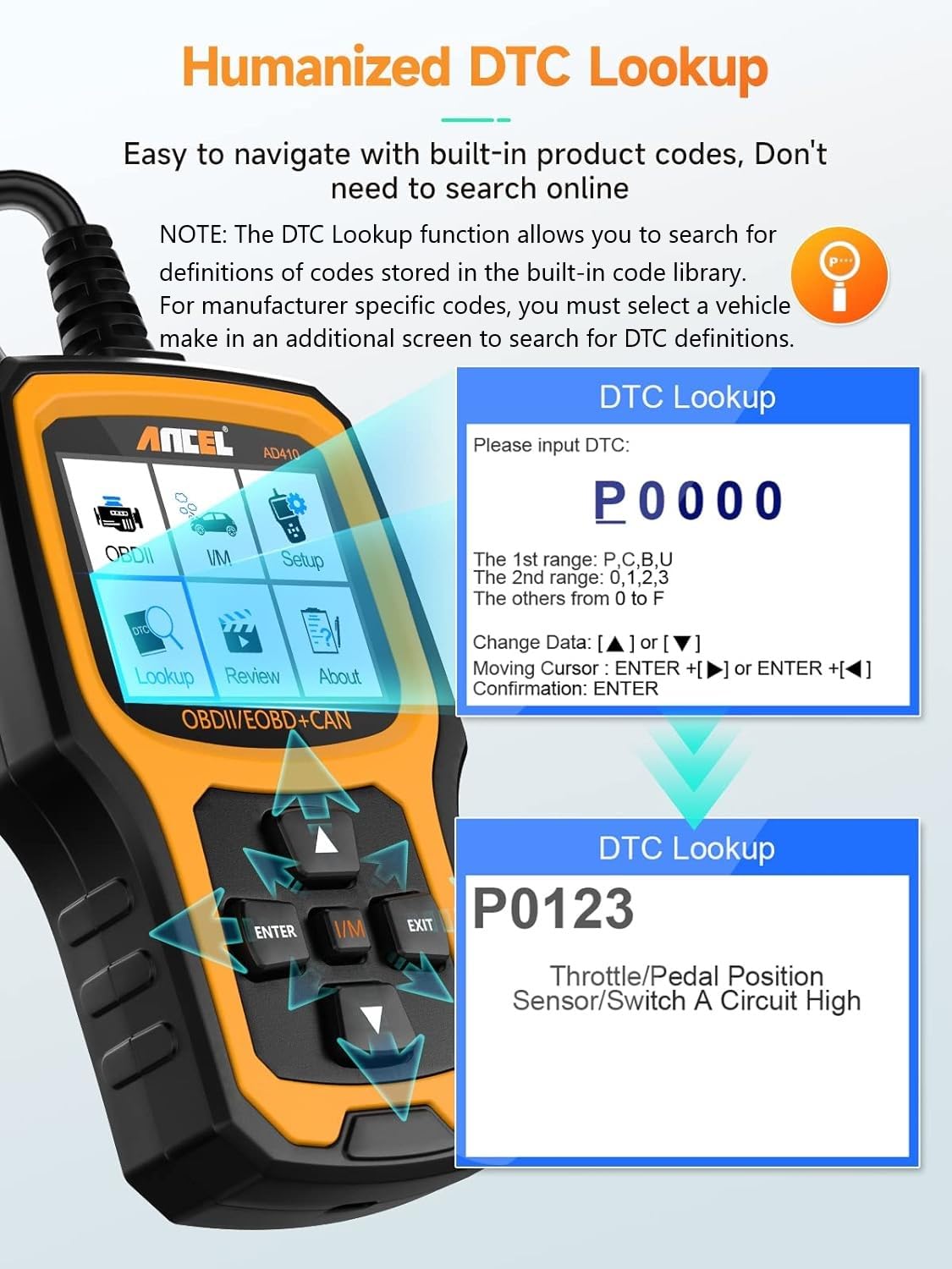 ANCEL AD410 Enhanced OBD2 Scanner, Vehicle Code Reader for Check Engine Light, Automotive OBD II Scanner Fault Diagnosis, OBDII Scan Tool for All OBDII Cars 1996+, Black/Yellow