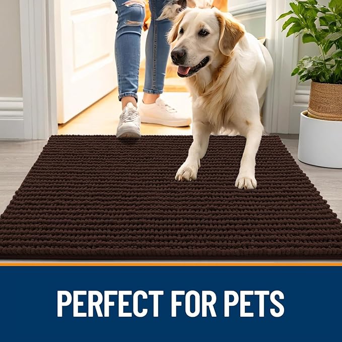 OLANLY Dog Door Mat for Muddy Paws 59x20, Ultra Absorbent Chenille Mud Doormat, Non-Slip Washable and Dirt Trapping Doormat for Indoor Entryway, Quick-Dry Indoor Pet Bed Mats for Dogs, Brown