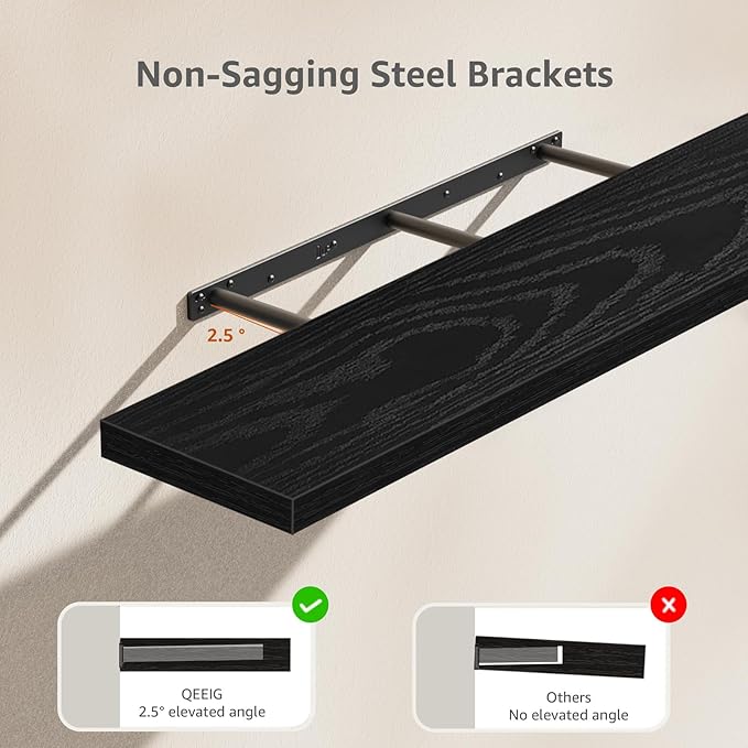 QEEIG Floating Shelves for Wall 47.2" Extra Long - Wall Mounted Shelf Bathroom Kitchen Living Room Bedroom Farmhouse Home Decor Display Bookshelf Large 47.2 x 9.3 inch Set of 2, Black (008-120B)