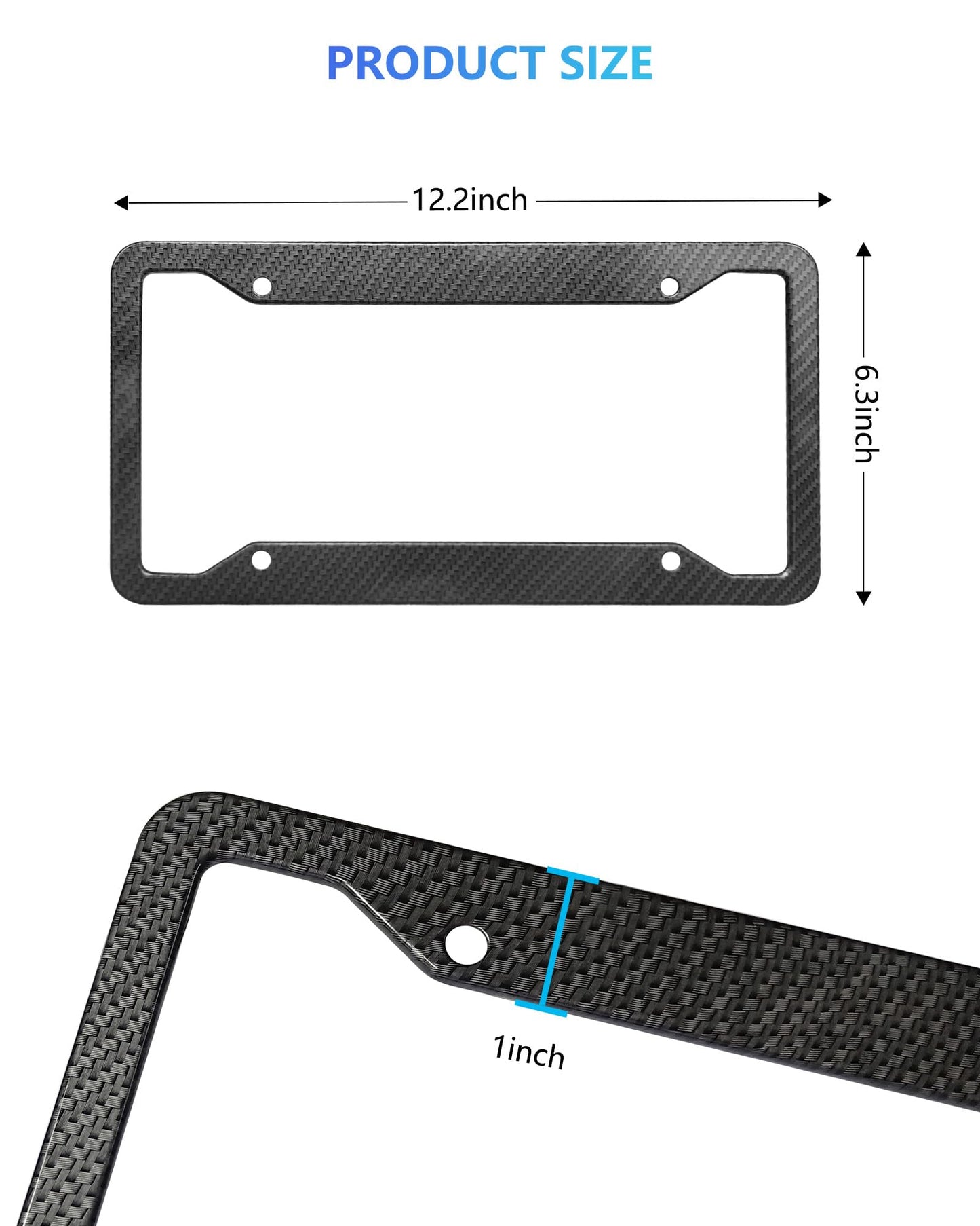 Carbon Fiber License Plate Frames- Black Carbon Pattern Aluminum Front & Rear Car Tag Holder Cover 2 Pack with Mount Hardware, Screws, Caps, Handlebar Stickers