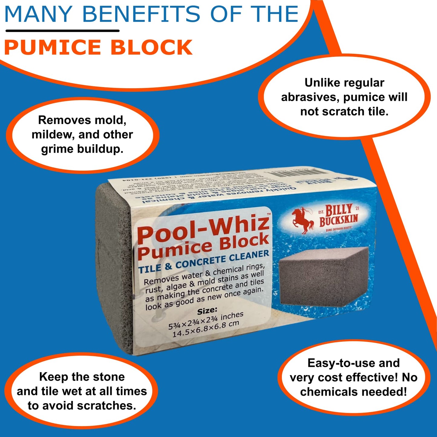 Pool-Whiz Pumice Stone for Pool (2-Pack) | Pool Tile & Concrete Cleaner | Pumice Stone for Cleaning Spas, Water Features & Bathroom Floors | Cleaning Block for Rust & Stains by Billy Buckskin