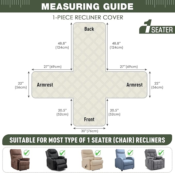 TAOCOCO Waterproof Recliner Chair Covers 30 Inch Wide, Oversized Recliner Covers for Recliner Chair with Pocket, Recliner Slipcovers with Straps Furniture Protector for Kids Pets (30'', Bean Green)