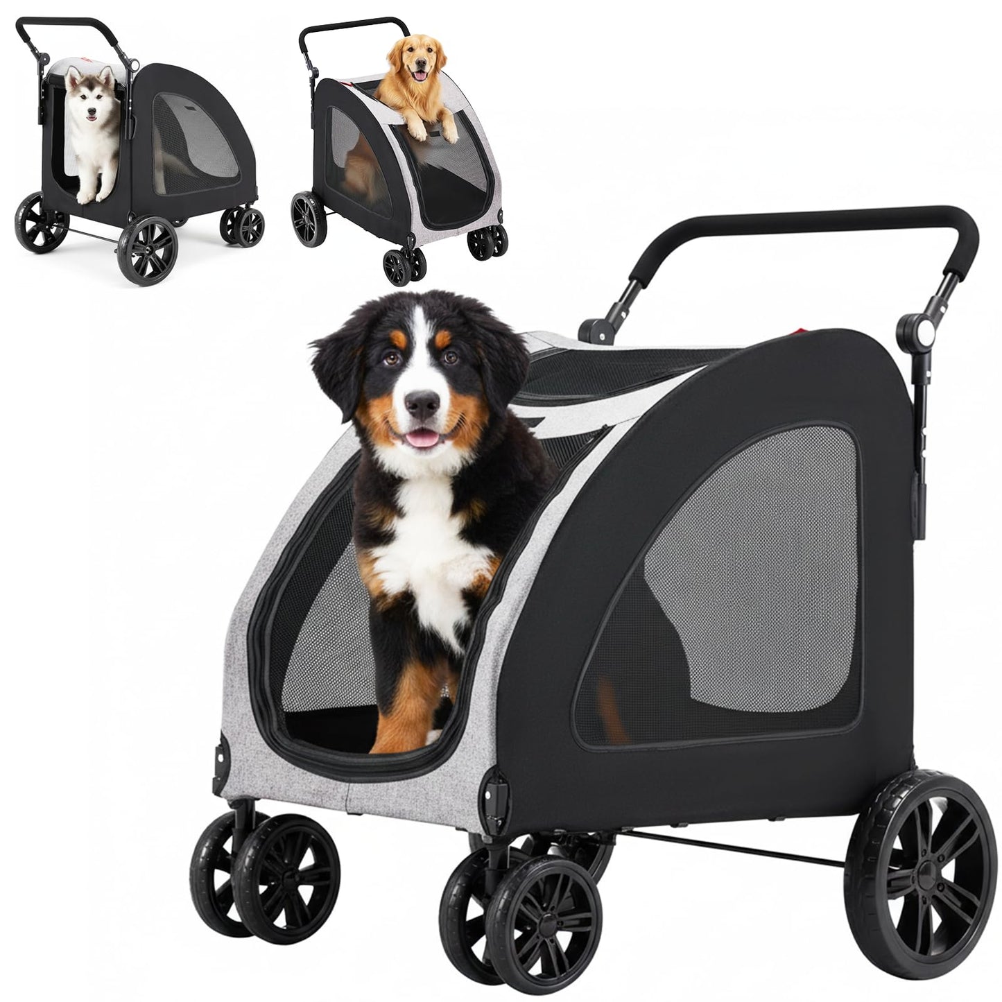 Danrelax Large Pet Stroller for Large & Medium Dogs, 77 lb Capacity, 12" All-Terrain Shock Absorbing Wheels, Waterproof 600D Grey Linen, Heavy-Duty Extra Large Pet Pram, Foldable Travel Stroller