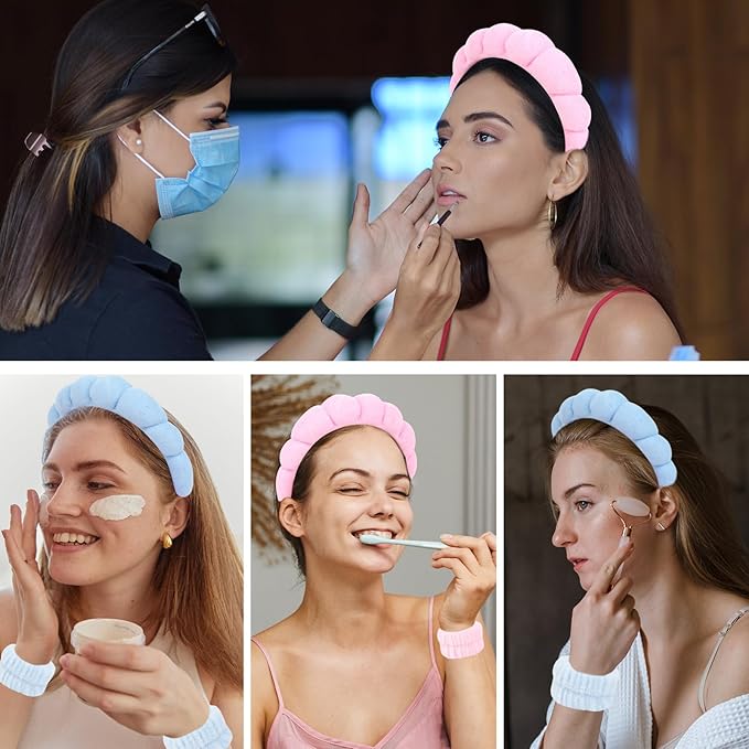 6Pcs Spa Set, Terry Cloth Headbands & Wrist Washbands for Face Washing