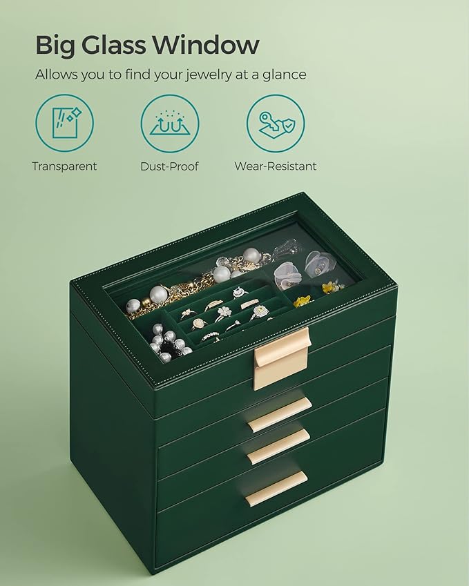 SONGMICS GISELLA Collection - Jewelry Box Organizer, 4-Layer Jewelry Storage with 3 Drawers, Shiny Metal Hardware, Glass Lid, Modern, 6 x 9.9 x 8.5 Inches, Forest Green and Gold Color UJBC161G01