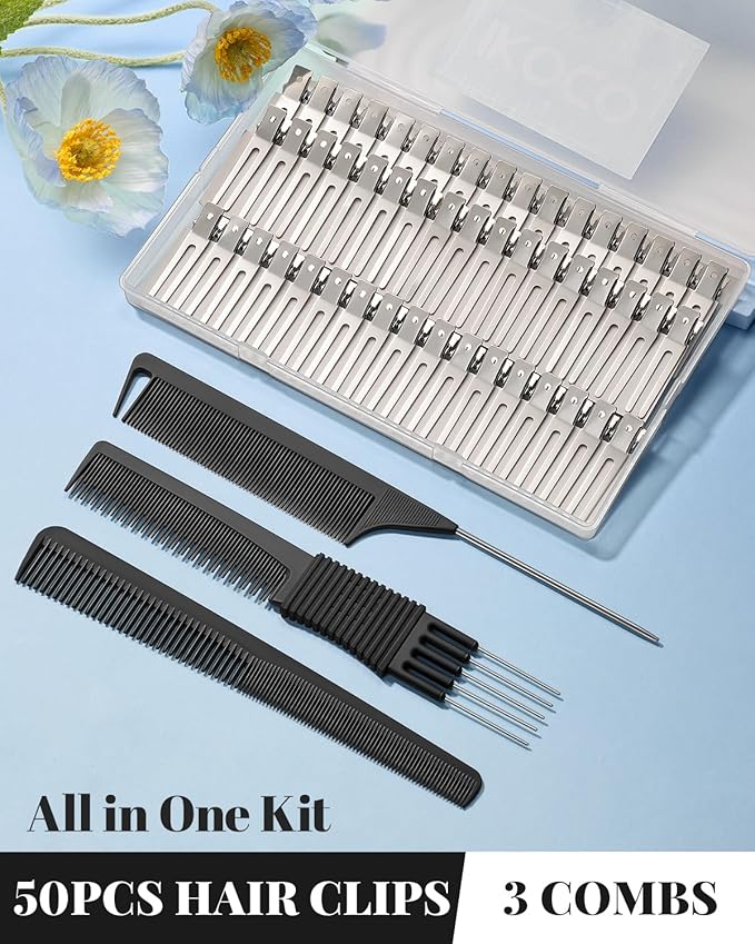 50Pcs Metal Hair Styling Clips, IKOCO No Crease Double Prong Hair Clips with 3 Parting Comb for Styling and Coloring