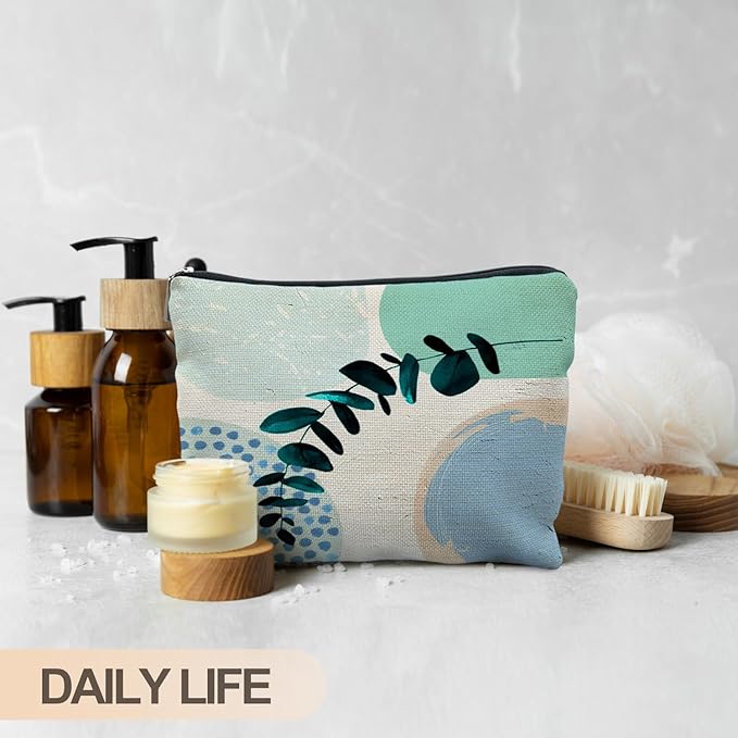 Abstract Boho Blue and Green Makeup Bag, Trendy Botanical Cosmetic Bags for Women, Boho Gifts for Women, Eucalyptus Leaf Botanical Zipper Makeup Pouch