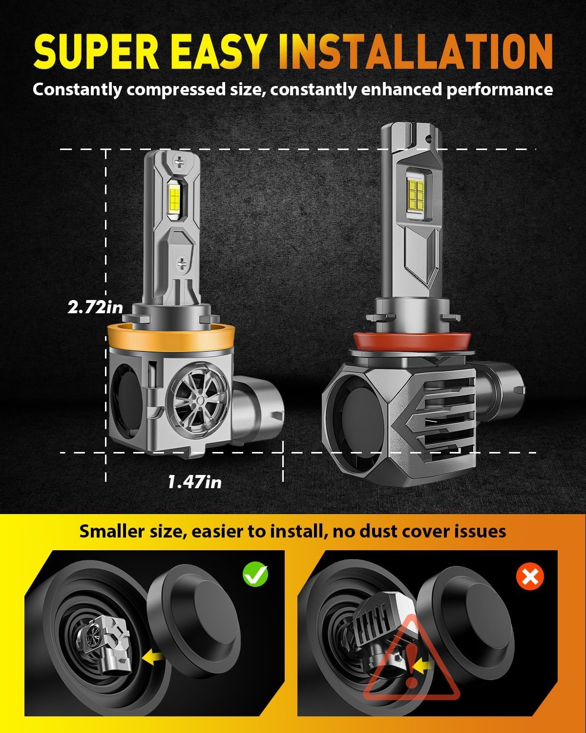 Termitor H11/H9 & 9005/HB3 Light Bulbs Combo, 110,000LM Brightness, 1:1 Mini Size 6500K Cool White IP68 Waterproof Automotive Replacement Combo 9005 H11 Fog Lights, Quick Installation, Pack of 4