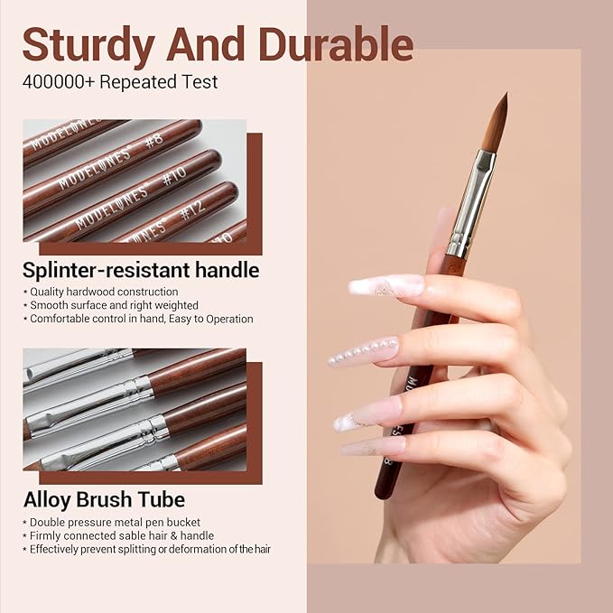 Modelones Kolinsky Acrylic Nail Brush Pure Kolinsky Hair Acrylic Red Wood Handle with Sturdy Alloy Tube Round Shaped Professional Nail Brushes Manicure Tool Salon DIY (Size 12#)