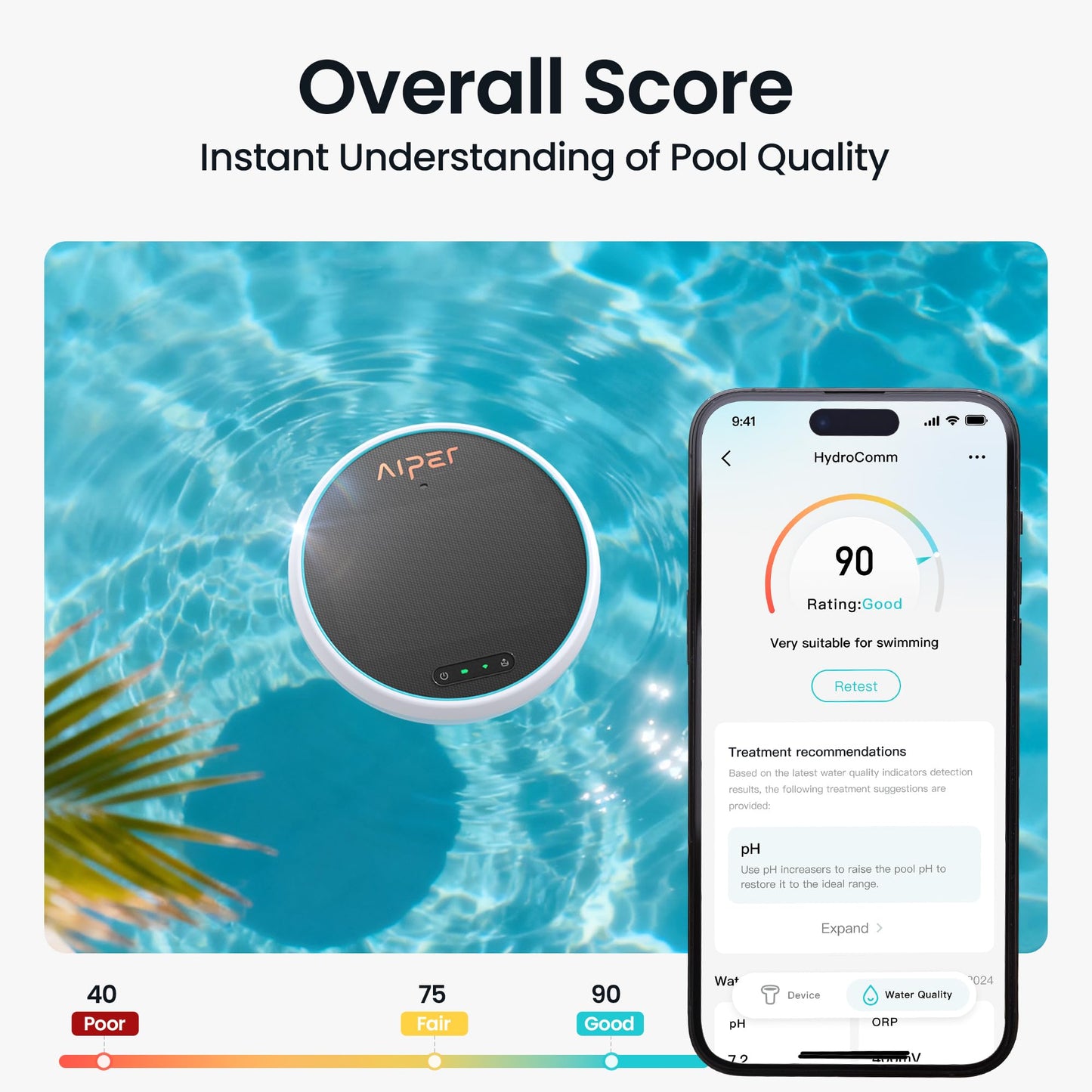 AIPER HydroComm Smart Pool Monitor, 24/7 Automatic Water Testing for Pools, Hot Tubs & Spas, 5-in-1 Accurate Digital Tester, App Control, Customized Optimization Tips, White