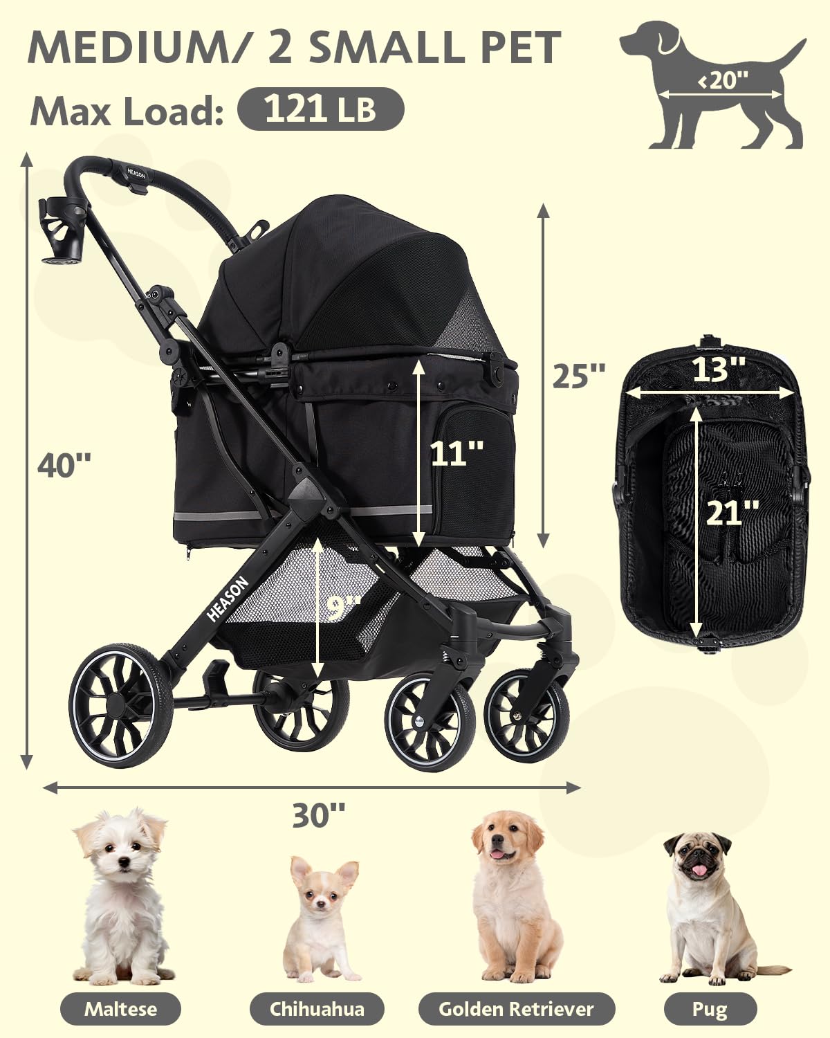 Dog Stroller with Waterproof Rain Cover, Heavy-Duty All-Terrain 4-Wheel Pet Stroller with Adjustable Sunshade Canopy, Foldable Travel Dog Strollers for Small/Medium Dogs Up to 121 lbs