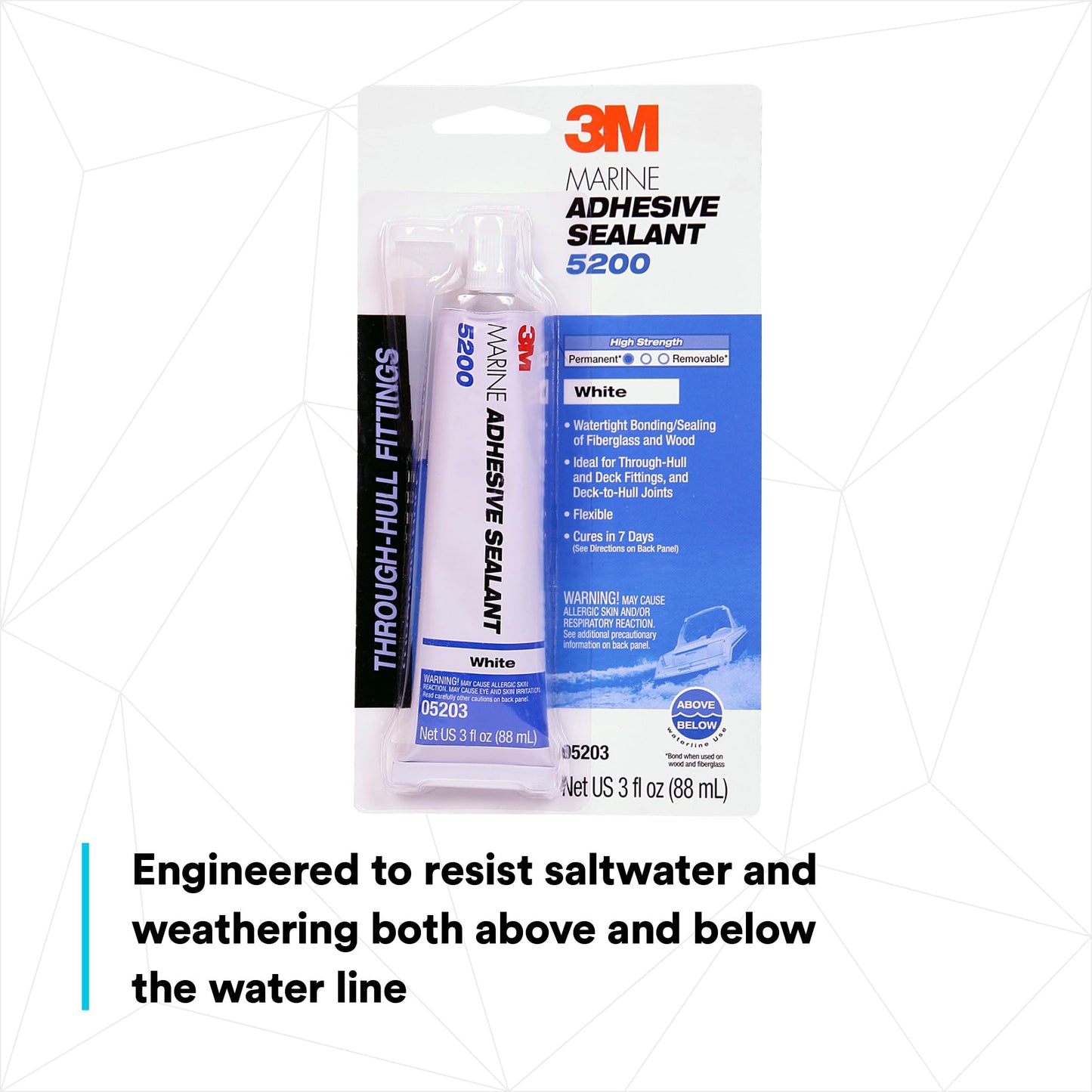 3M Marine Adhesive Sealant 5200 (05203) Permanent Bonding and Sealing for Boats and RVs Above and Below the Waterline Waterproof Repair, White, 3 fl oz Tube