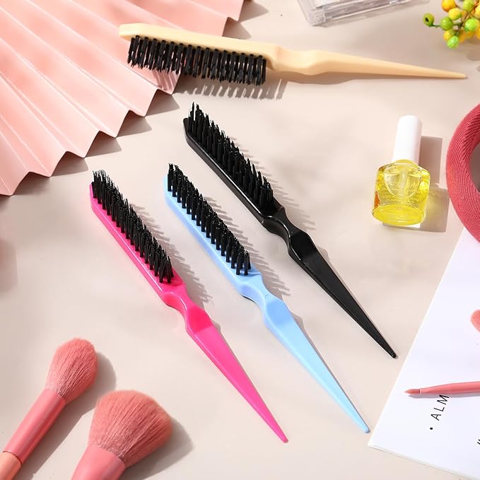 Yaomiao 6 Pcs Teasing Brush for Fine Hair Nylon Rat Tail Brush Set Women Three Row Salon Teasing Set for Back Combing, Root Hair Scalp Massage(Black, Blue, Rose Red, Yellow)
