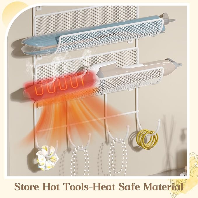 Wall-Mounted Hair Dryer Holder Styling Tool Organizer 4-Shelf Storage Wire Basket with Hook Heat Safe Rack for Hair-Straighteners,Curling Wands,Flat Iron,Cabinet Door Bathroom Kitchen White