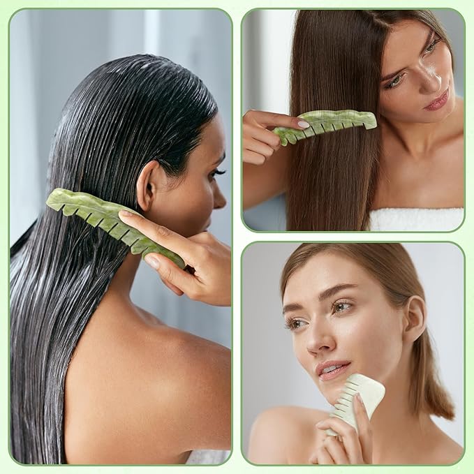 Geiserailie 2 Pcs Jade Combs Esthetician Supplies Massage Stone Hair Gua Sha Scraping Scalp Comb Facial Massage Tool Handheld Head Tools Head Caring Therapy Valentines for Women(Chic Style)