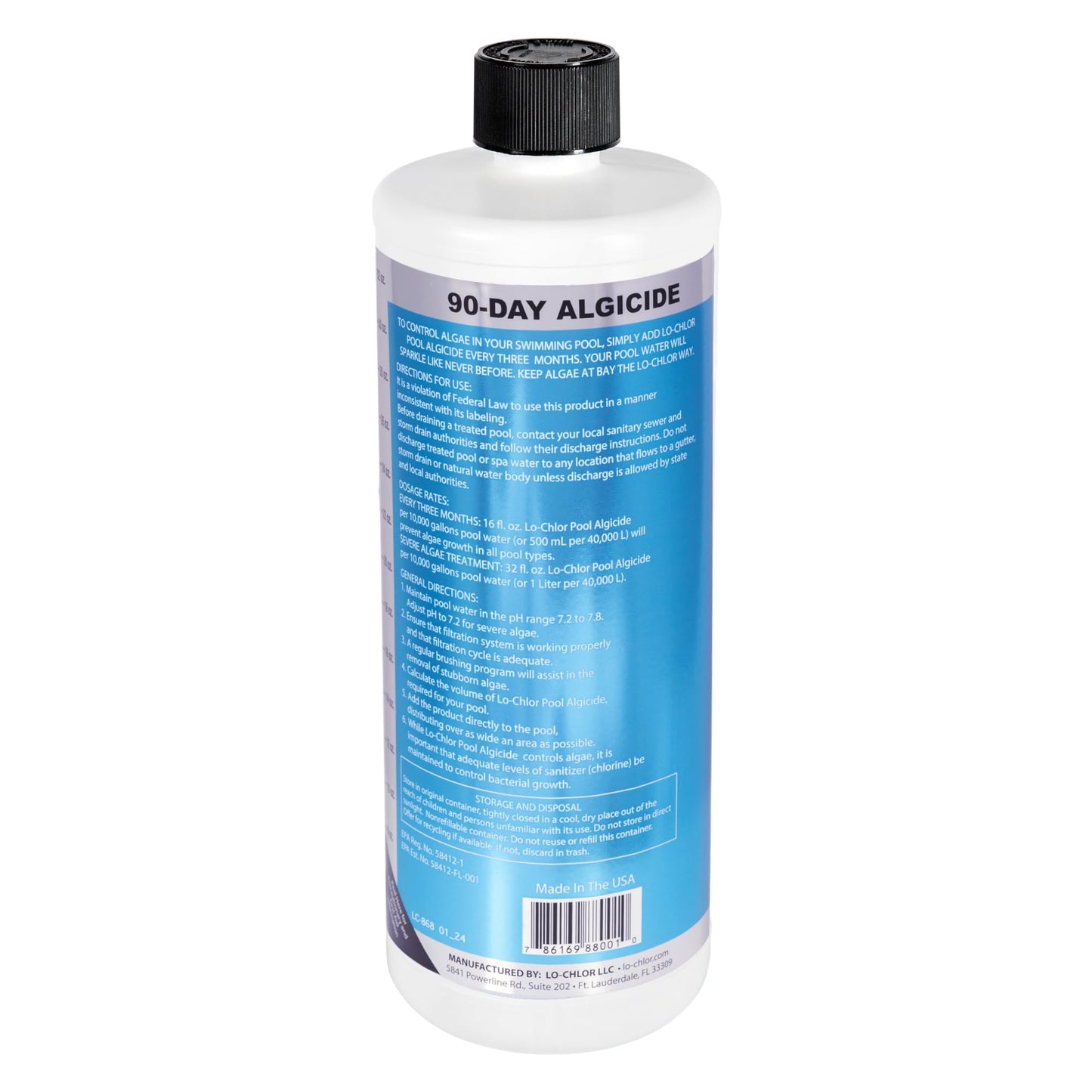 Lo-Chlor Pool Algaecide, 90-Day Single Treatment, Organo-Copper Complex, Black Mustard Green Algae Killer for Inground and Above Ground Swimming Pool, 32 oz, Treats 20,000 Gallons