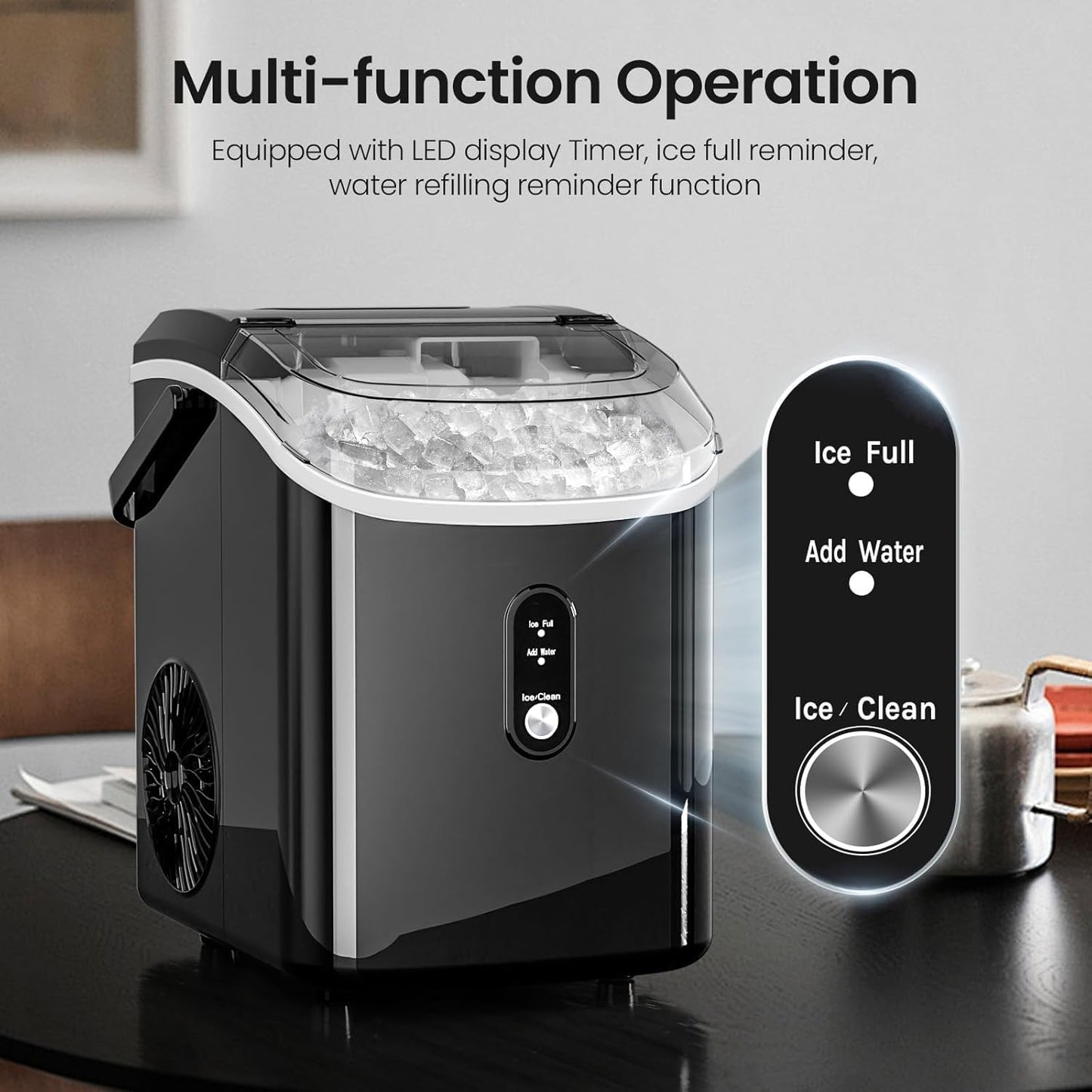 AGLUCKY Nugget Ice Makers Countertop with Handle, Portable Pebble Ice Machine with Soft Chewable Ice,Self-Cleaning,One-Click Operation for Home/Kitchen (Dark Black)