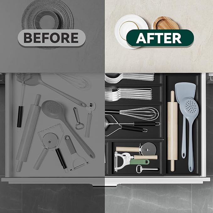 Lixple Bamboo Drawer Organizer, Narrow Silverware Organizer for Kitchen, Stackable Utensil Organizer, 2 Pcs Flatware Organizer, Wooden Storage Box Tray (Black, 12 X 3 X 2 Inch)