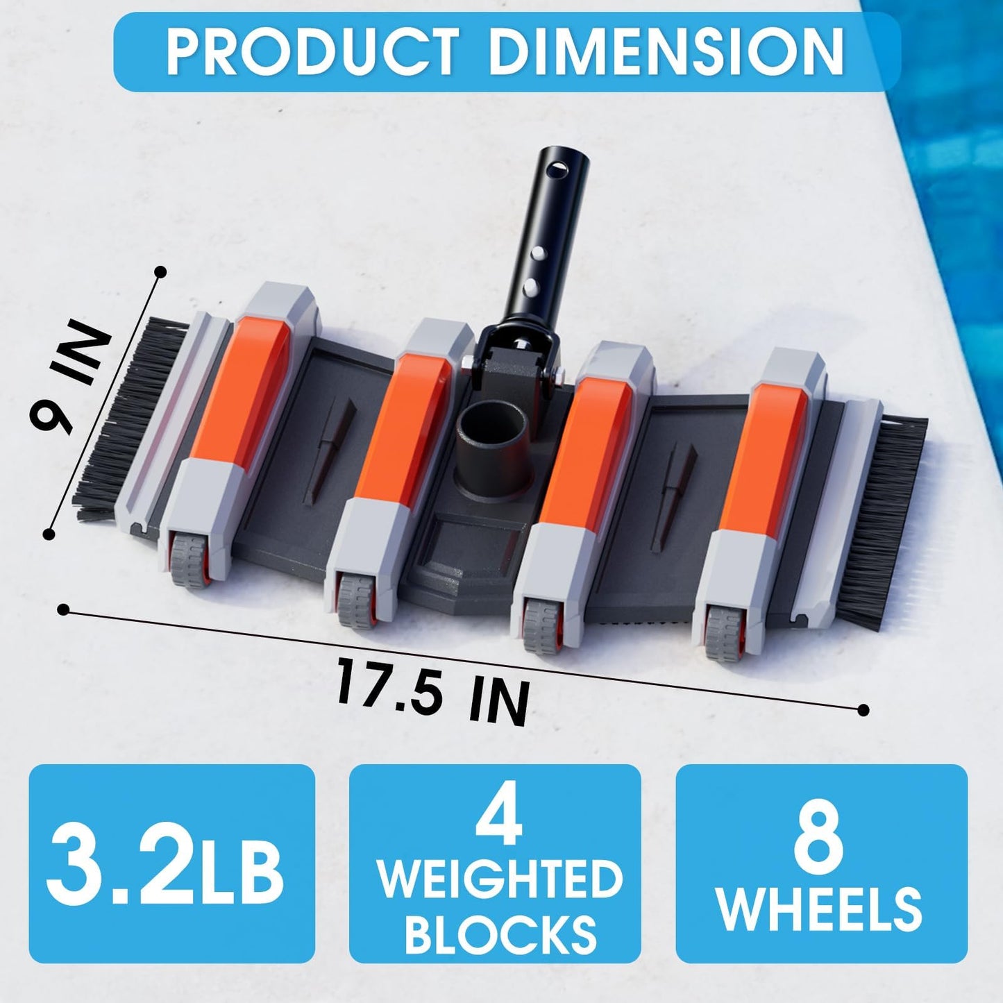 TidyMister Heavy Duty Pool Vacuum Head with Swivel Handle -Extra-Wide Weighted Vac Heads Side Brush & Wheels for Vinyl Liner-Deep Cleaning for Inground & Above Ground Swimming Pool - Orange