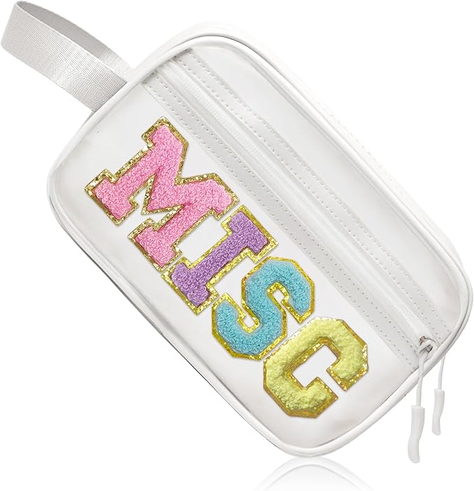 COSHAYSOO Clear MISC Makeup Bag Miscellaneous Stuff Organizer, Small Preppy Chenille Letter Patch Cosmetic Zipper Pouch, Toiletry Make Up Travel Purse Gifts for Teen Girls Women Daughter Sister