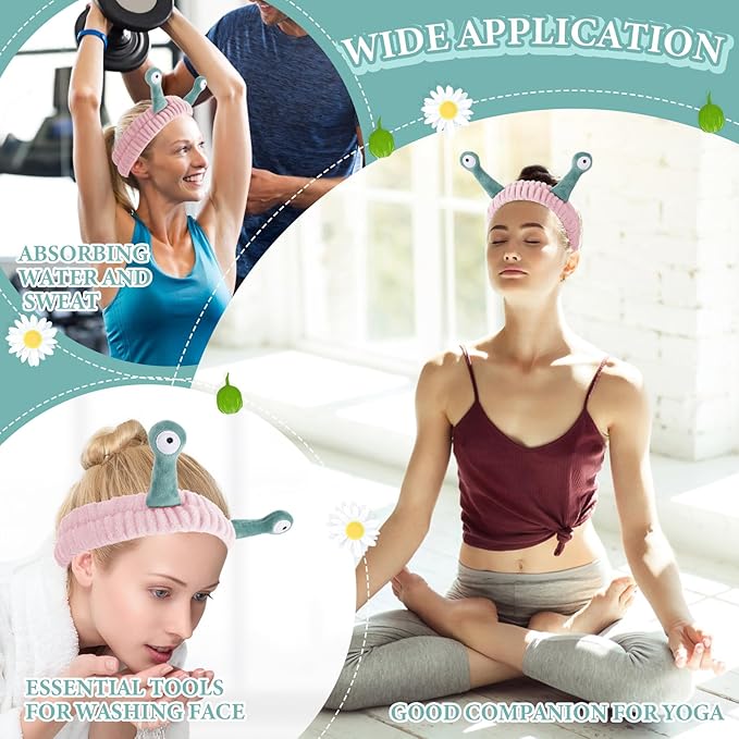 Face Wash Headband, Palm and Snail Spa Hair Bands Makeup Headbands Women Cartoon Cute Coral Fleece Elastic Headband Creative Hair Accessories for Washing Face Shower Sports (Pink and Green)