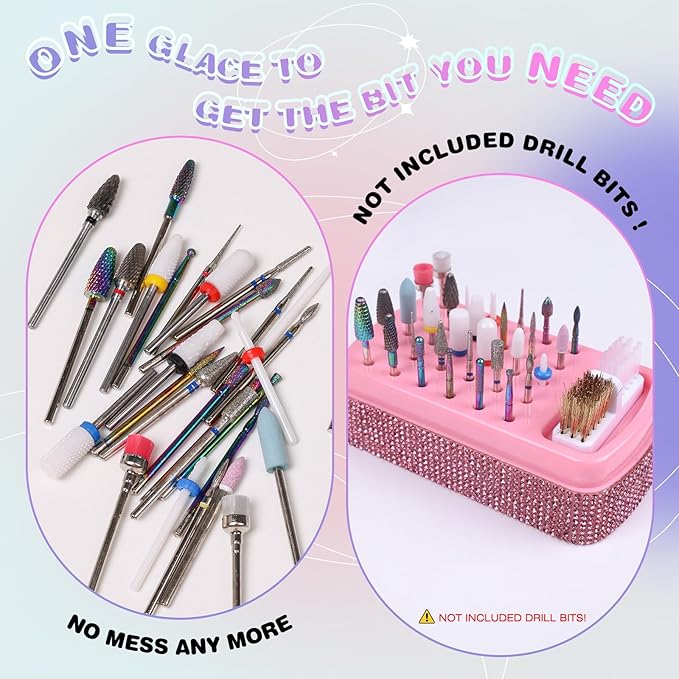 2 in 1 Nail Drill Bits Holder: 30 Holes Nail Bits Organizer Case with Cleaner Brush, Dustproof Efile Nail Tech Bits Storage Container Box Manicure Tools Accessories Display for Salon Home(Only Box)