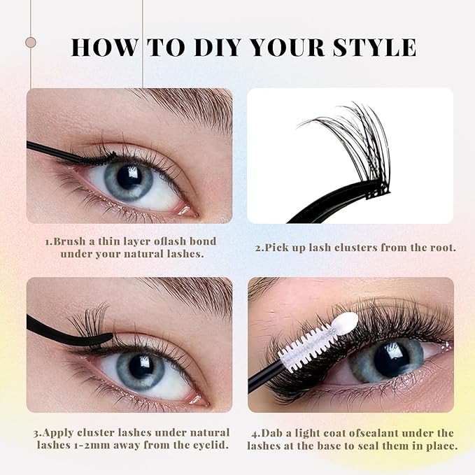 Wispy Lash Clusters Kit, Natural Lash Cluster Eyelash Extensions 192 Pcs C Curl 10-16mm Individual Fluffy False Eyelashes Thin Band DIY Kit for Beginners at Home with Bond Seal Remover Tweezers Brush