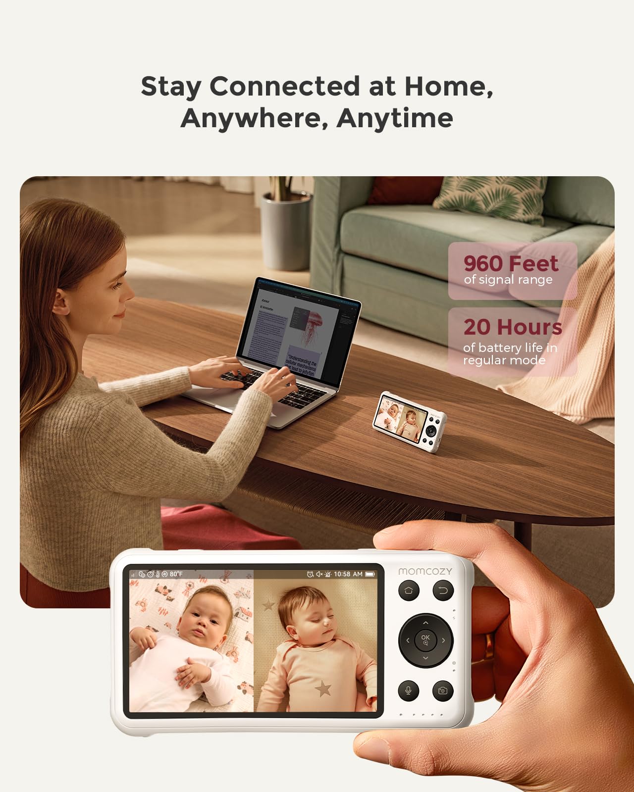 Momcozy BM04 Smart WiFi Baby Monitor with 2 Cameras, 5" 1080P Split Screen Video Baby Monitor with Camera and Audio, Motion Detection, Electric Fence, Clear Night Vision, 2-Way Audio, 5000mAh Battery