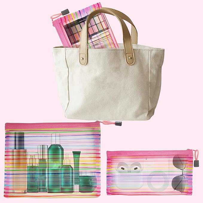 Mesh Bags with Zipper (6 Pack), Nylon Makeup Bag Cosmetic Pouches Travel Organizer Case for Purse Diaper Bag Home Organizing Striped Multi Size Pink
