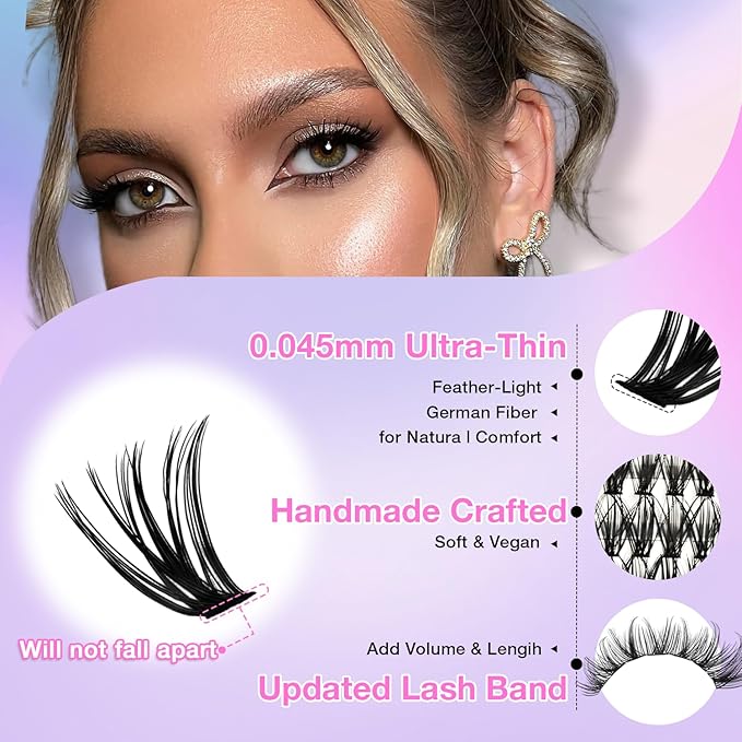 Lash Clusters DIY Cluster Eyelash Extensions 280pcs 9‑16mm 40D Fluffy D Curl Natural Volume Lashes–Waterproof Fake Cat Eye Wispy Individual Soft Clusters (16MIX2-2-X)