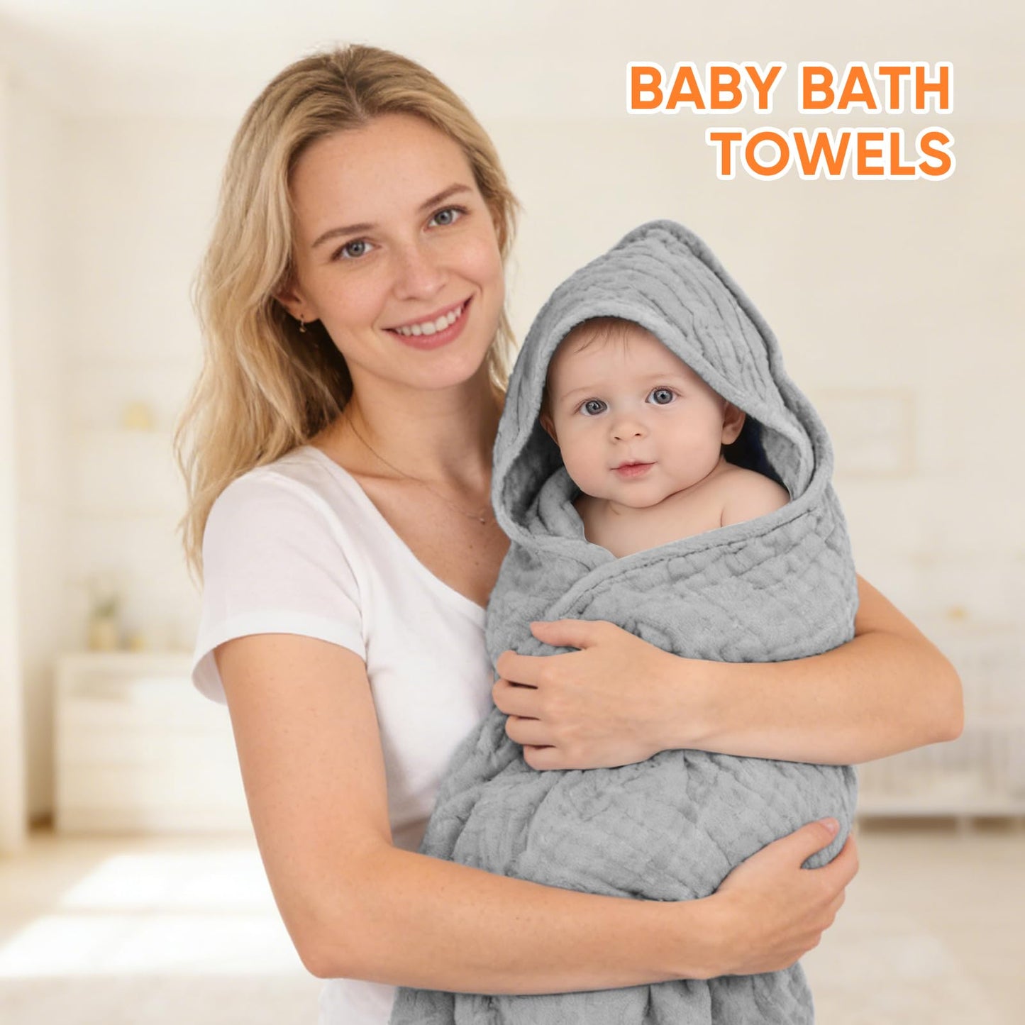MIGIOL Muslin Hooded Baby Towels 100% Cotton ，Super Soft Muslin Baby Bath Towel - 32 x 32 Inches, Suitable for Newborn and Young Children up to 3 Years Old. (Grey & Green)