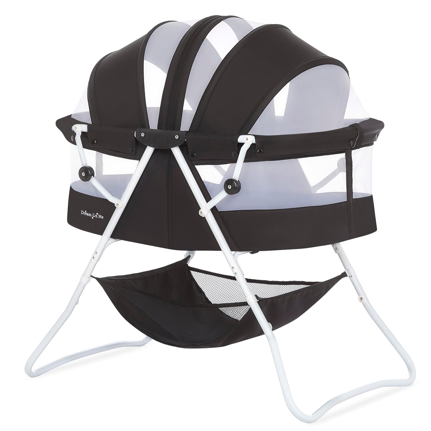 Dream On Me Karley Bassinet, Award Winner Lightweight Travel Baby Bassinet, Foldable Bedside Sleeper, Adjustable Double Canopy, Spacious Design, Soft Fabric, Storage Basket â Black