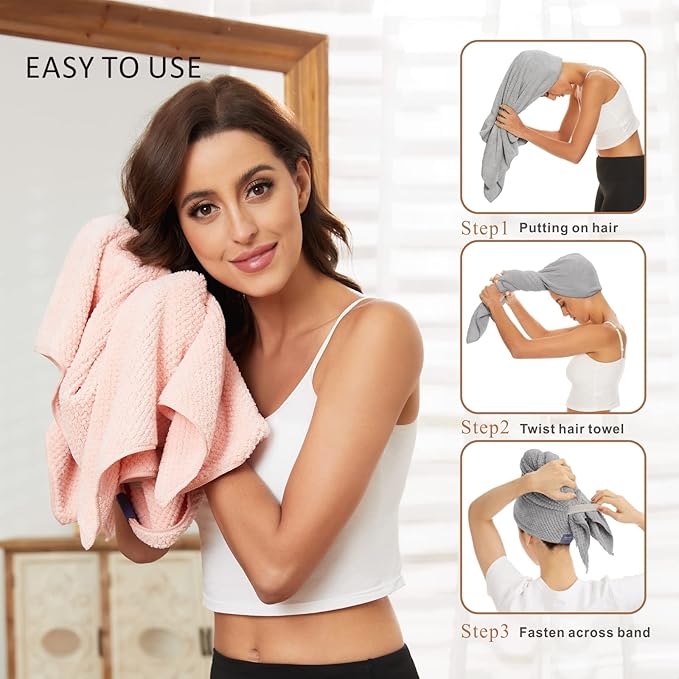 2 Pack Large Microfiber Hair Towel Wrap for Women, Anti Frizz Hair Drying Towels, Fast Dry Hair Turban - for Wet, Long, Thick, Curly Hair - Super Absorbent Soft Towels - Gray & Pink