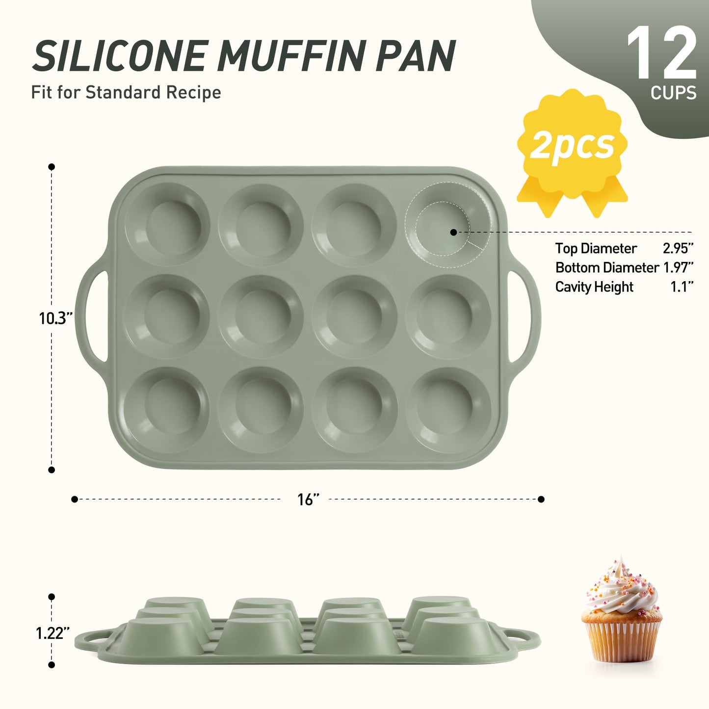 2 Packs 12 Cups Silicone Muffin Pan with Metal Reinforced Frame Regular Size Cupcake Pan Tray Egg Bites Silicone Circle Cookie Molds Muffin Tin Tart Pans Baking Sheet Set for Breakfast Sandwiches