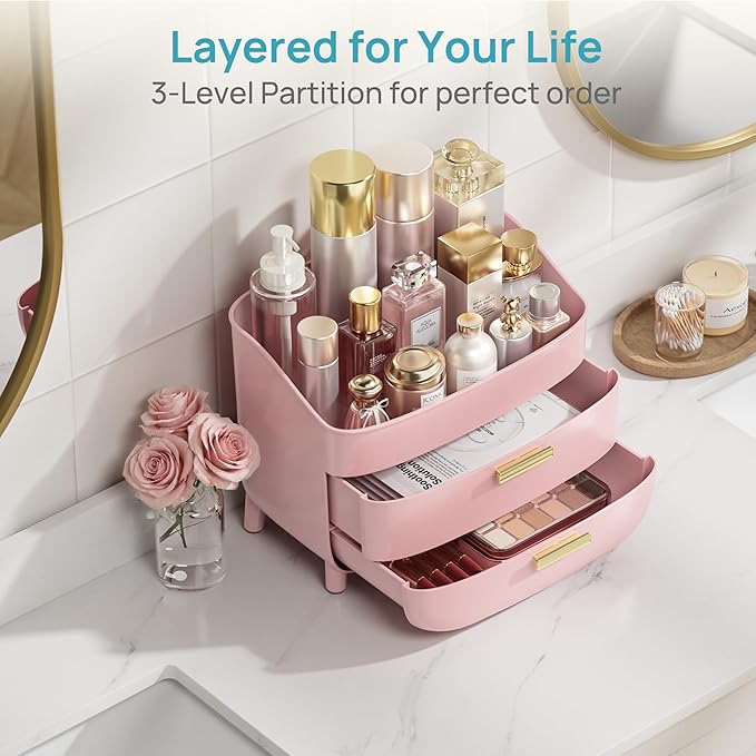 Vtopmart 3-Tier Skincare Makeup Organizer with Drawers for Vanity and Bathroom Countertop, Large Cosmetic Storage Box Case for Dresser, with Non-Slip Base, Pink