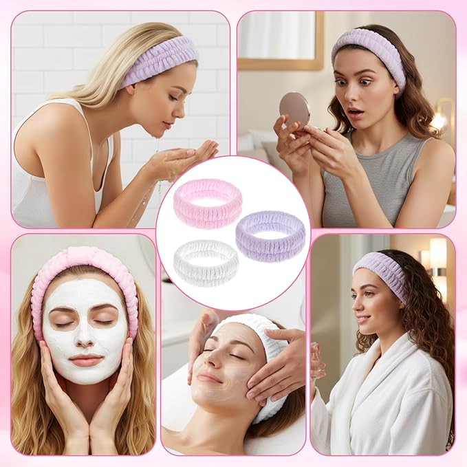 Spa Headband for Washing Face, 3Pcs Elastic Makeup HairBand, Absorbent Soft Headband, Skincare Headbands for Women, Facial Care Beauty Towel