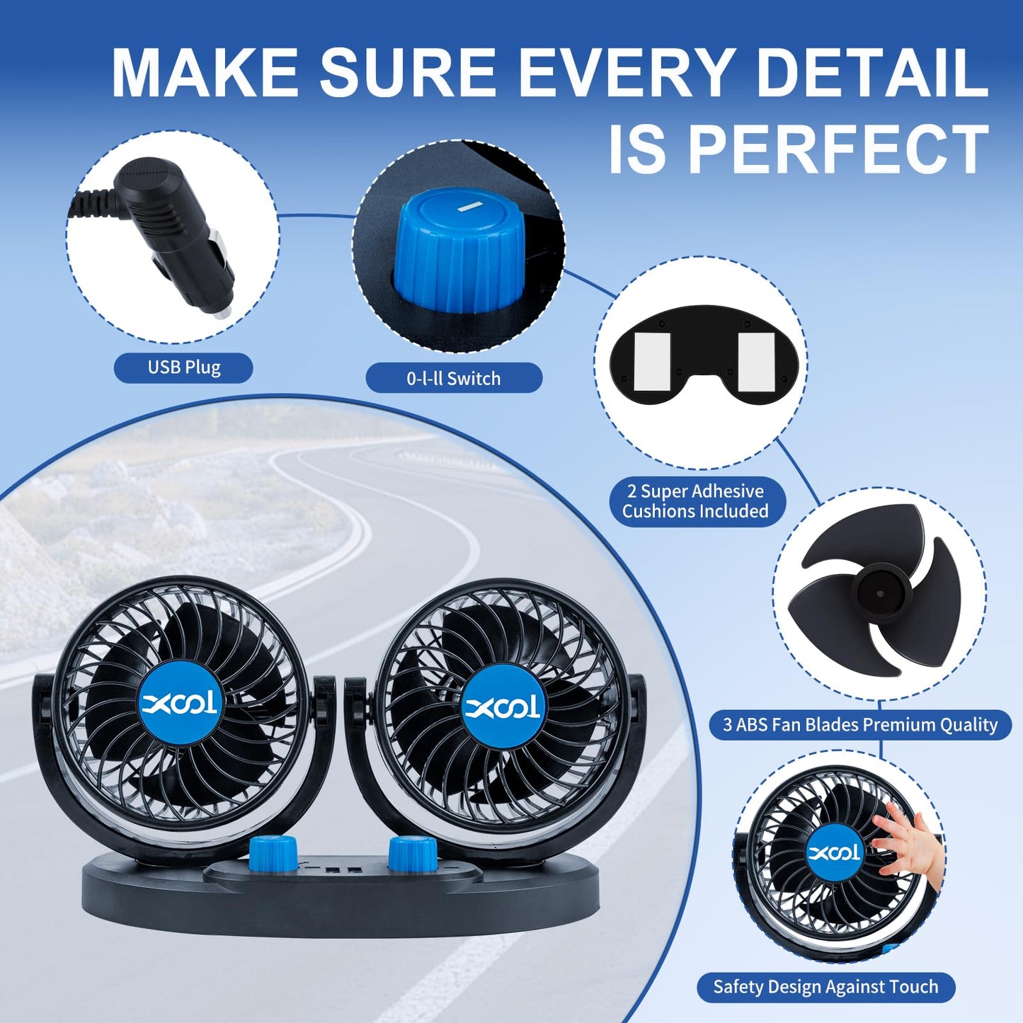 XOOL 12V Dual Head Car Fan – 2-Speed 360° Rotatable Cooling Fan with 2 USB Charging Ports Quiet Strong Airflow for Truck, Van, SUV, RV & Boat