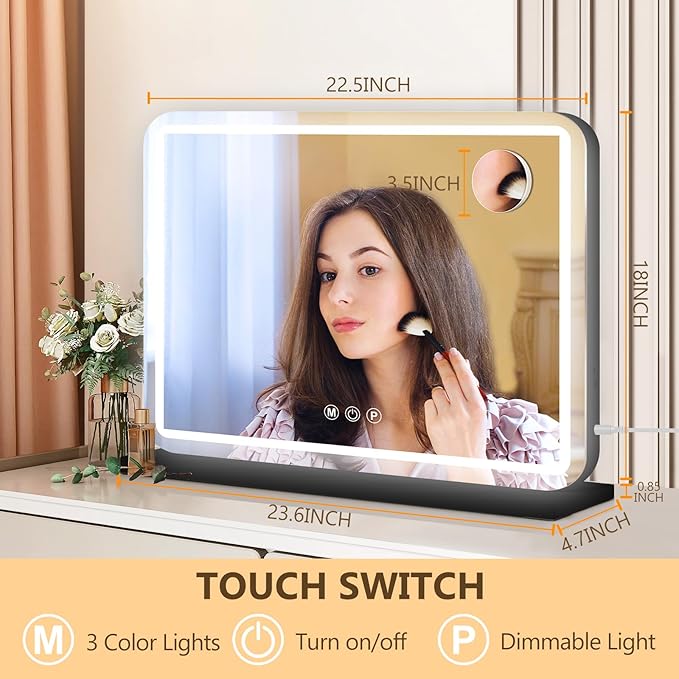 23"x18" Black Vanity Mirror with Lights, Led Makeup Mirror, Lighted Makeup Mirror with 3 Color Dimmable Lights, Smart Touch Screen Control, Aluminum Metal Frame,USB Charging Port